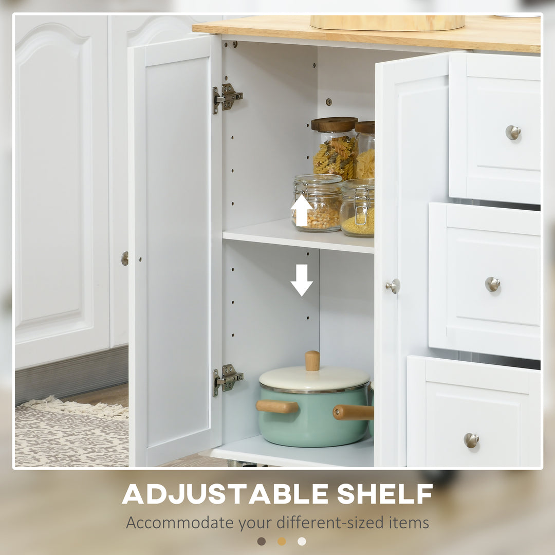Kitchen Island with Drop Leaf, Rolling Kitchen Storage Trolley on Wheels with 3 Drawers, Spice Rack and Towel Rack, Storage Cart with Rubber Wood Top, White