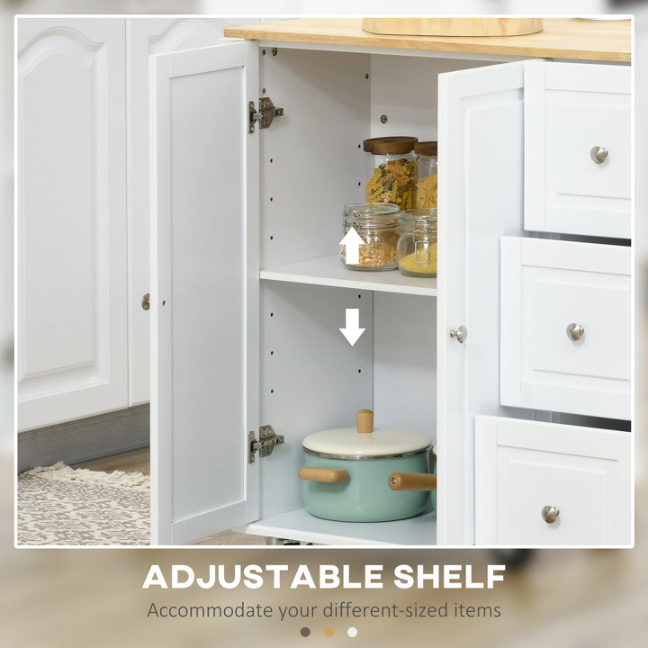 Kitchen Island with Drop Leaf, Rolling Kitchen Storage Trolley on Wheels with 3 Drawers, Spice Rack and Towel Rack, Storage Cart with Rubber Wood Top, White