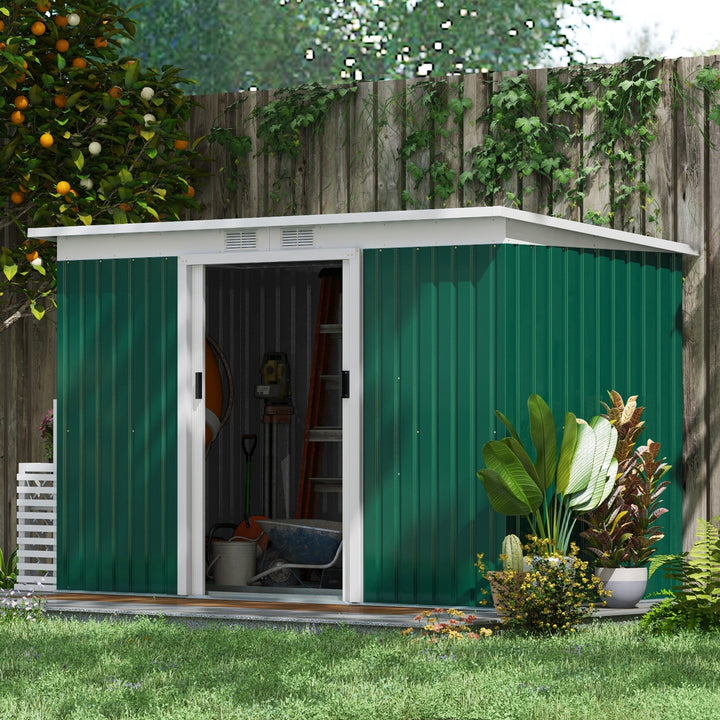 Outsunny 9ft x 4.25ft Corrugated Garden Metal Storage Shed Outdoor Equipment Tool Box with Foundation Ventilation & Doors Deep Green | Aosom UK