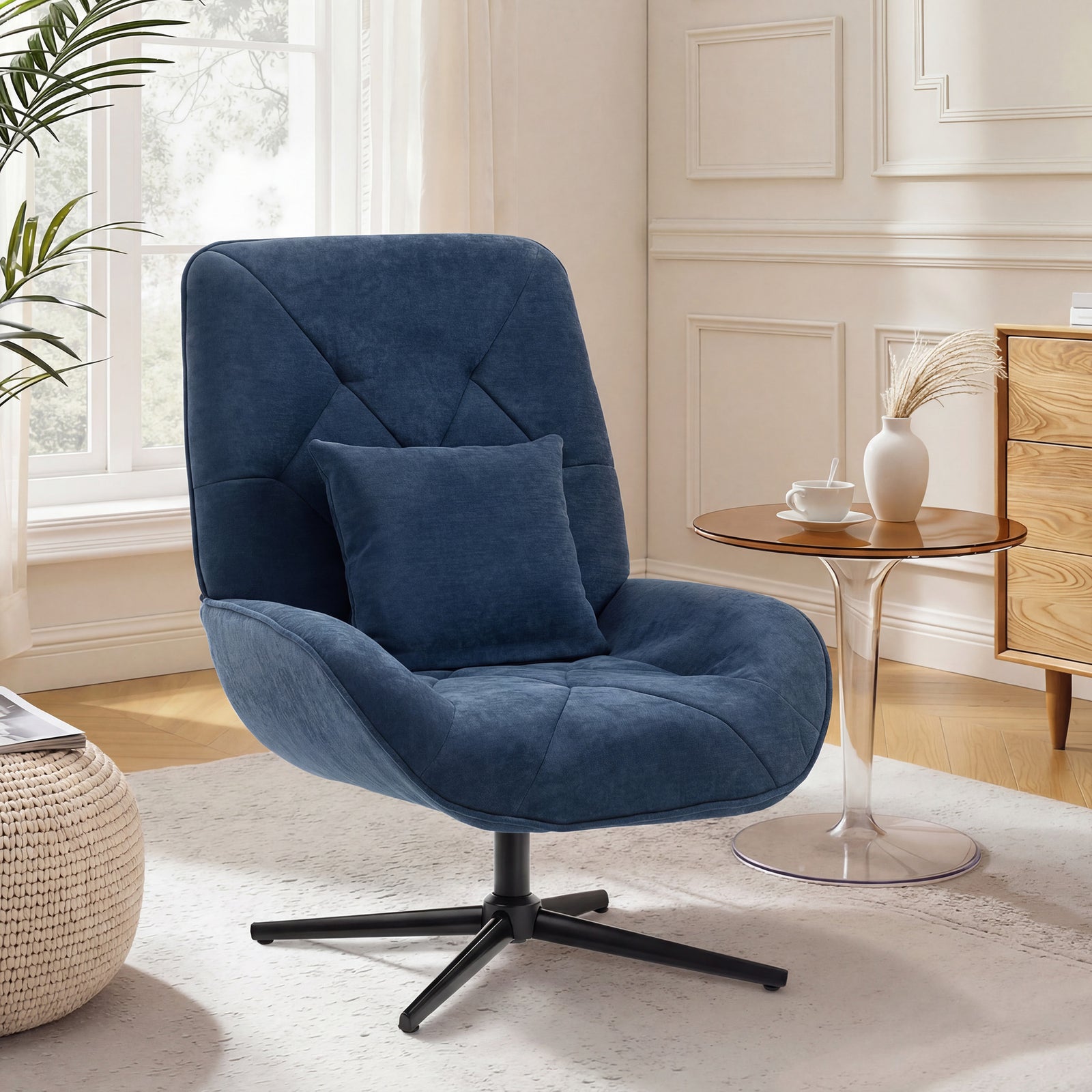 Accent Chair, Chenille Upholstered Swivel Armchair with Lumbar Pillow,