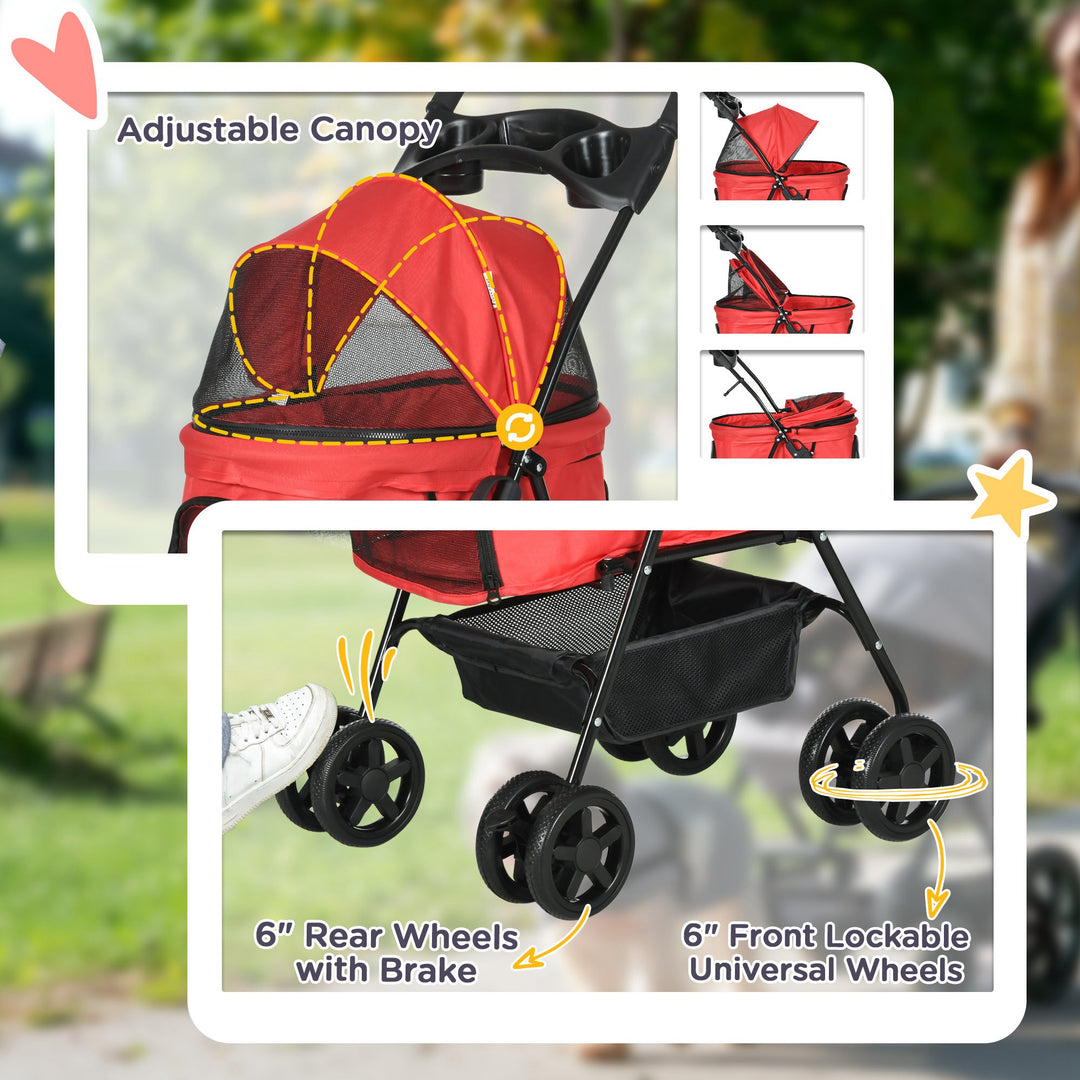Dog Pram Dog Stroller Foldable Pet Pushchair with 4 Wheels, Safety Leashes, Cup Holder for Small Dogs, Red