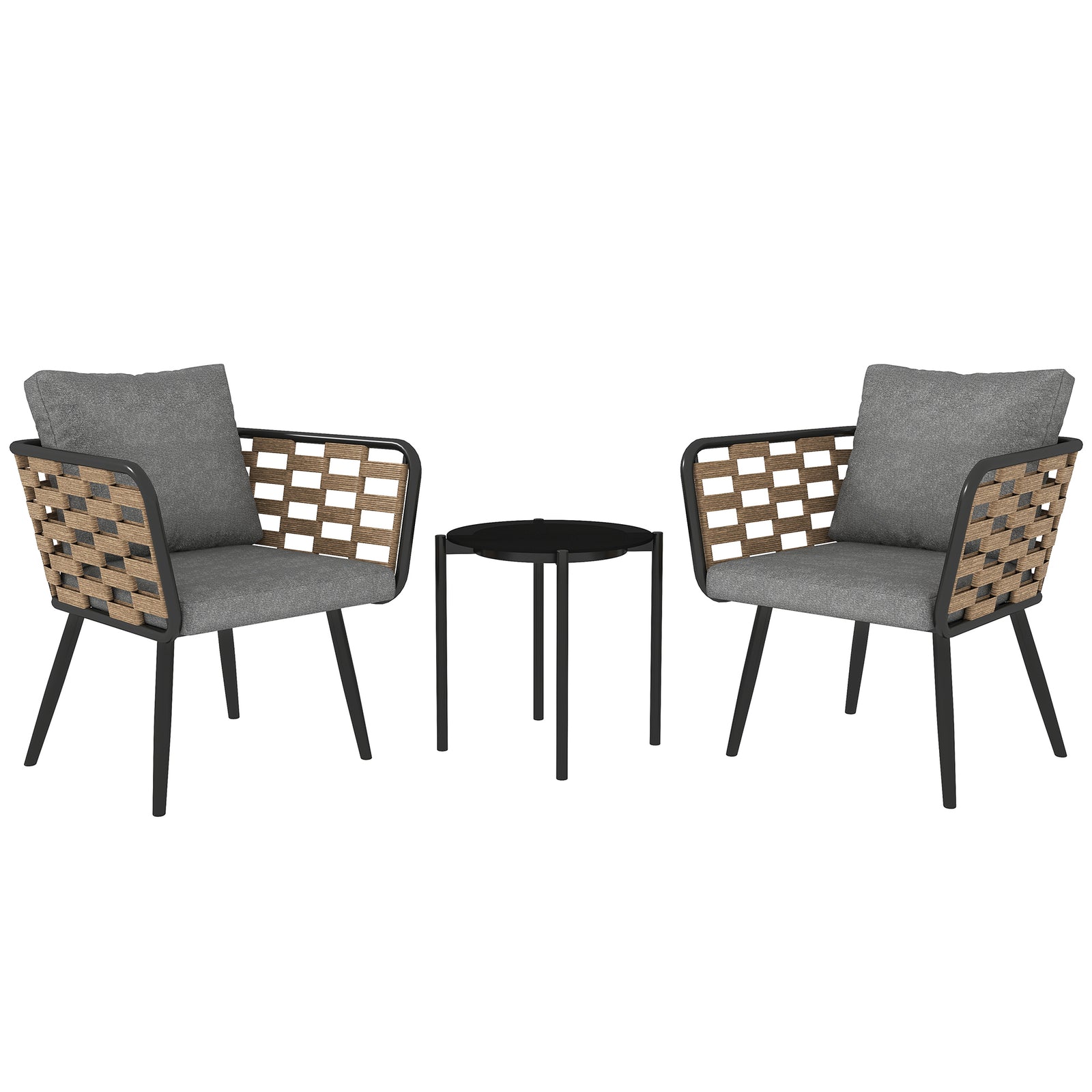 3 Pieces Rattan Bistro Set with Washable Seat and Back Cushions, Glass Top Coffee Table, for Outdoor, Patio, Black