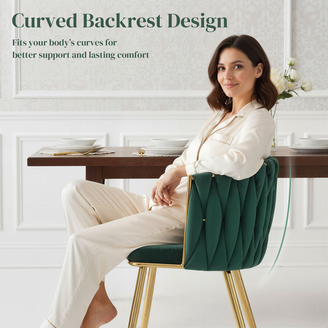 Velvet-Feel Dining Chairs Set of 2, Modern Upholstered Kitchen Chairs with Woven Backrest and Armrests, Metal Legs and Padded Seat for Dining Room, Bedroom, Living Room