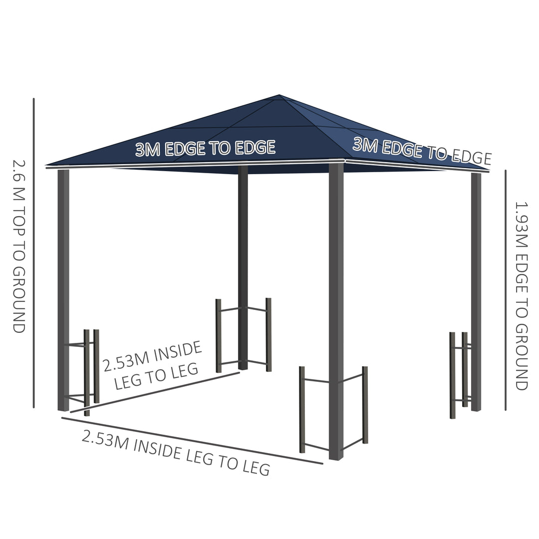 Outsunny 3 x 3(m) Hardtop Gazebo Canopy with Polycarbonate Roof, Steel & Aluminium Frame, Garden Pavilion with Mosquito Netting and Curtains, Black