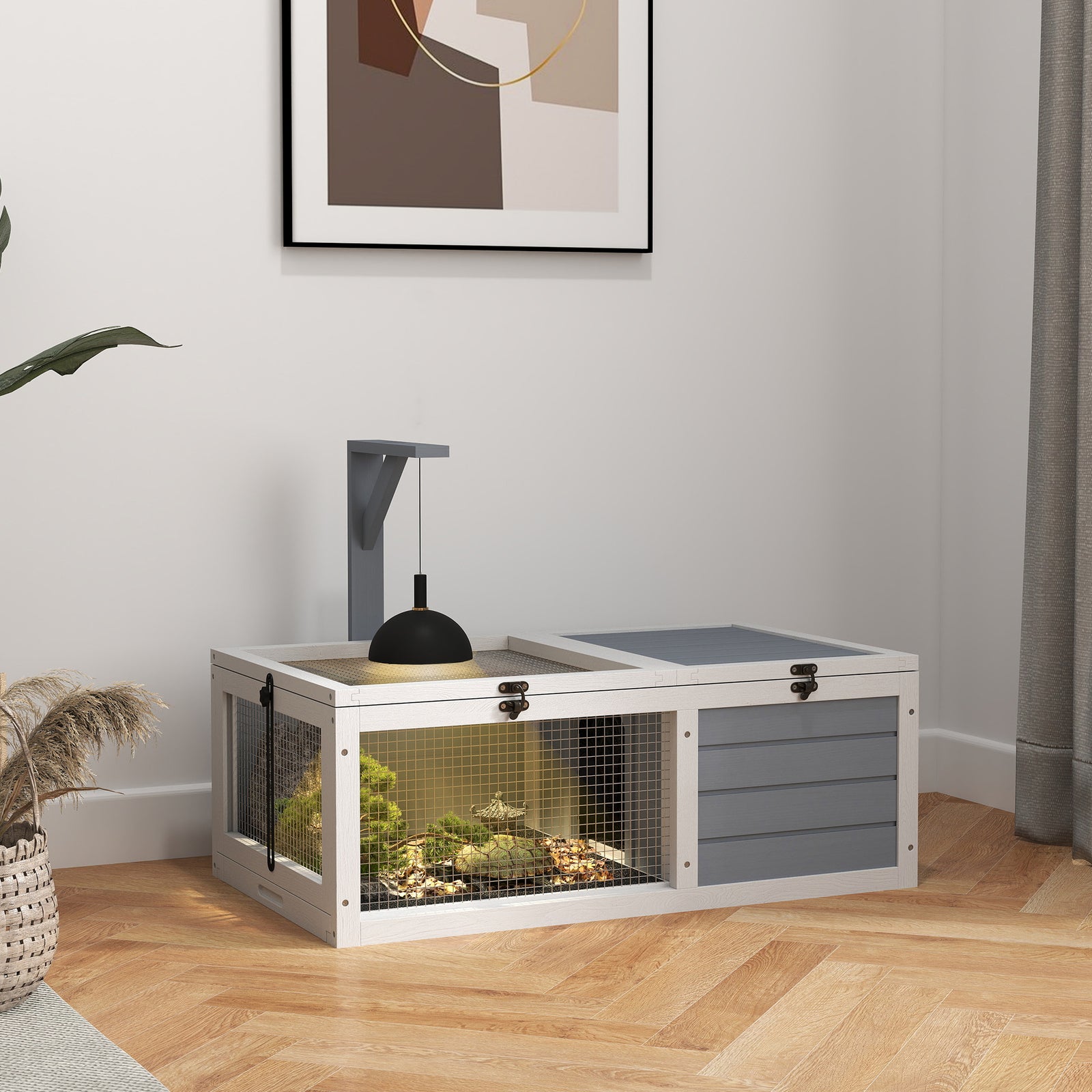 Wooden Tortoise Enclosure, Tortoise House w/ Lamp Holder, for Outdoor, Indoor, Light Grey