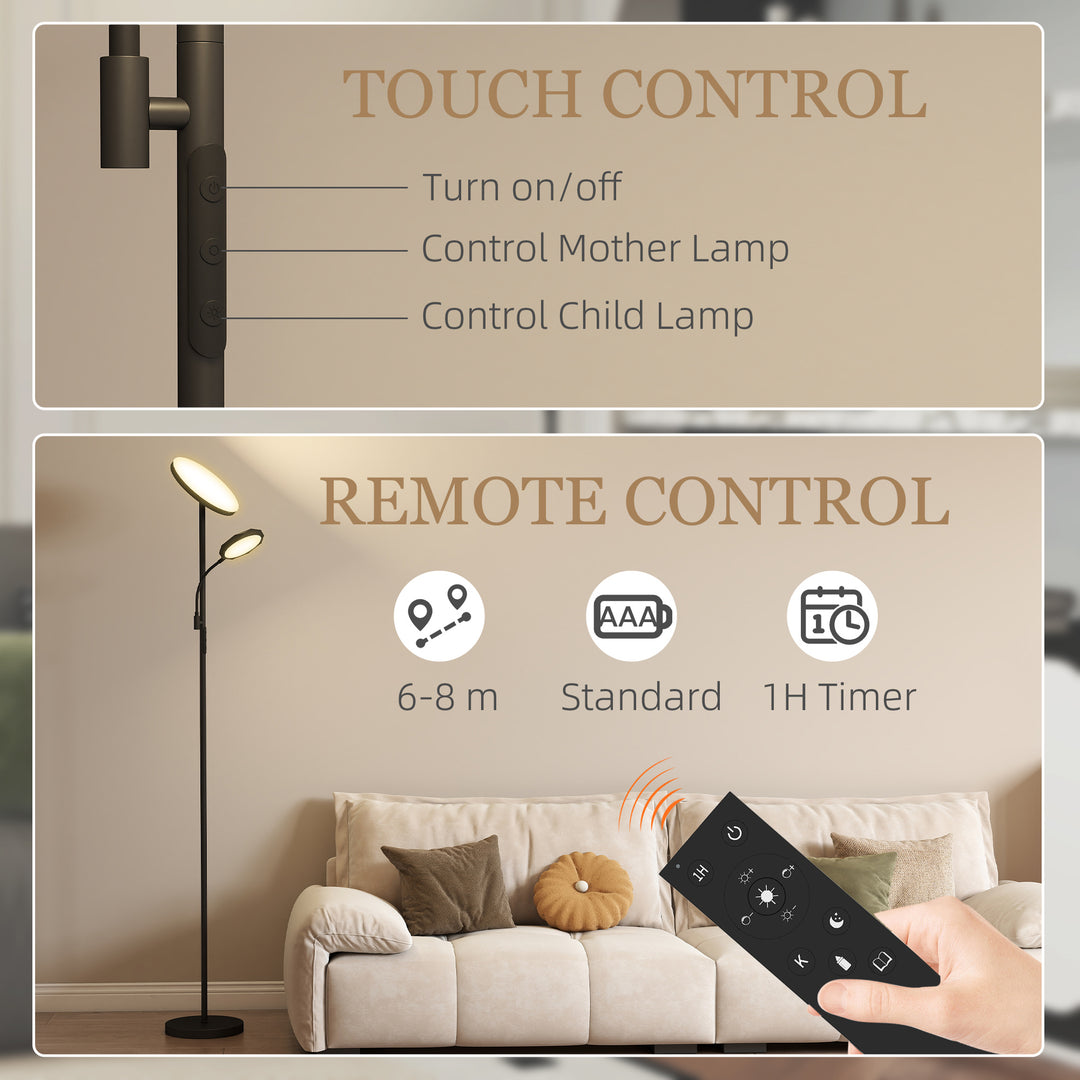 LED Floor Lamp for Living Room, Stepless Dimmable Standing Lamp, Mother and Child Uplighter with Reading Light, 4 Scene Modes, 2700K-6500K Colour Temps, 4 Brightness Levels, Remote Control