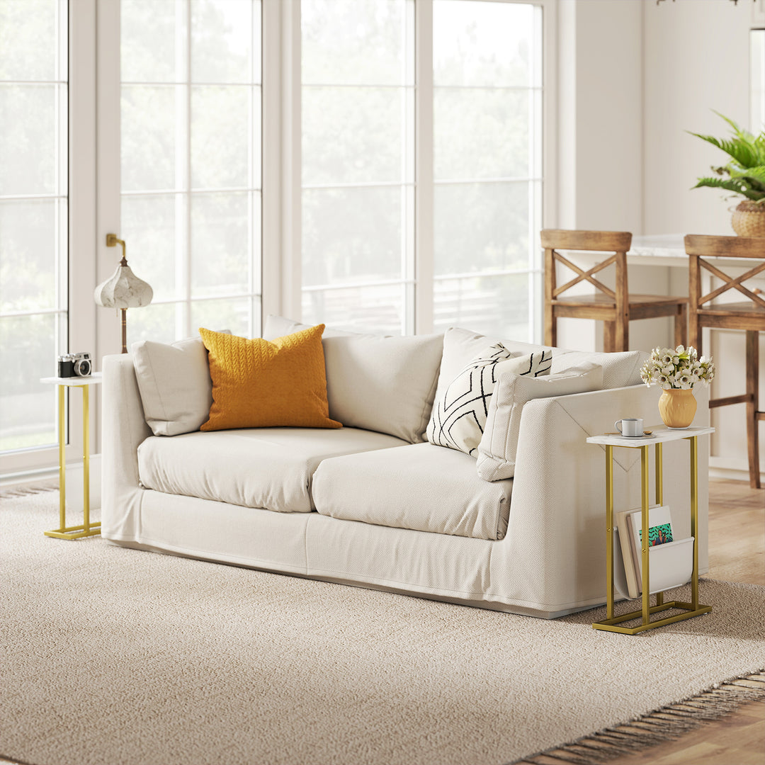 MCL Narrow Side Table, End Table with Magazine Holder, Nightstand for Small Spaces, Living Room, Bedroom, White Marble Grain