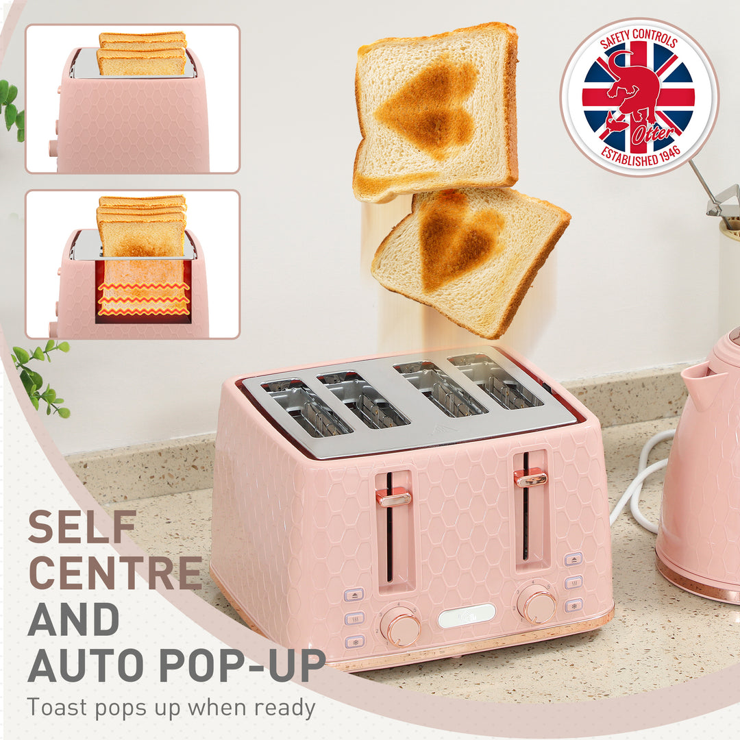 Kettle and Toaster Set, 1.7L 3000W Fast Boil Jug Kettle, 4 Slice Toaster with 7 Level Browning Controls, Light Pink