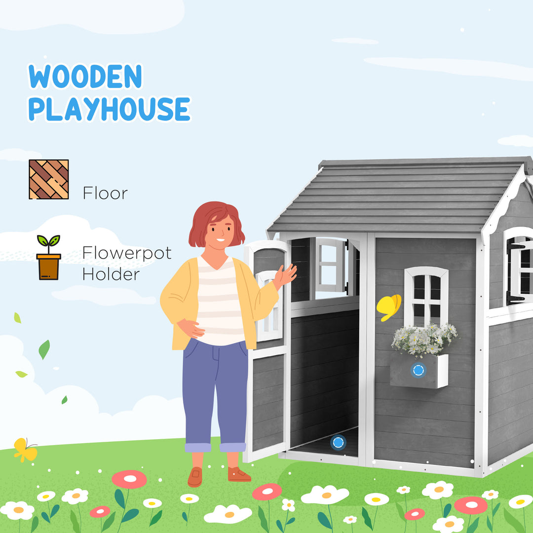 Wooden Playhouse for Kids with Doors, Windows, Plant Box, Floors, for Ages 3-8 Years, for Gardens, Lawns, Patios - Grey
