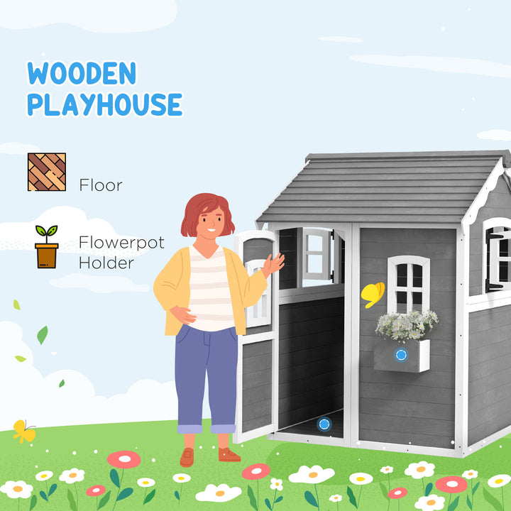 Wooden Playhouse for Kids with Doors, Windows, Plant Box, Floors, for Ages 3-8 Years, for Gardens, Lawns, Patios - Grey