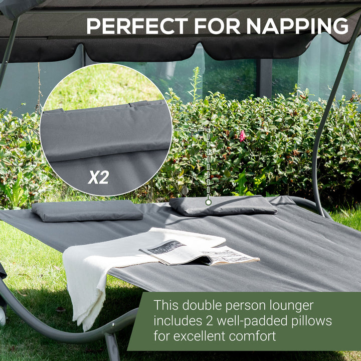 Outsunny Patio Double Hammock Sun Lounger Bed w/ Canopy Shelter, Wheels & 2 Pillows, Grey