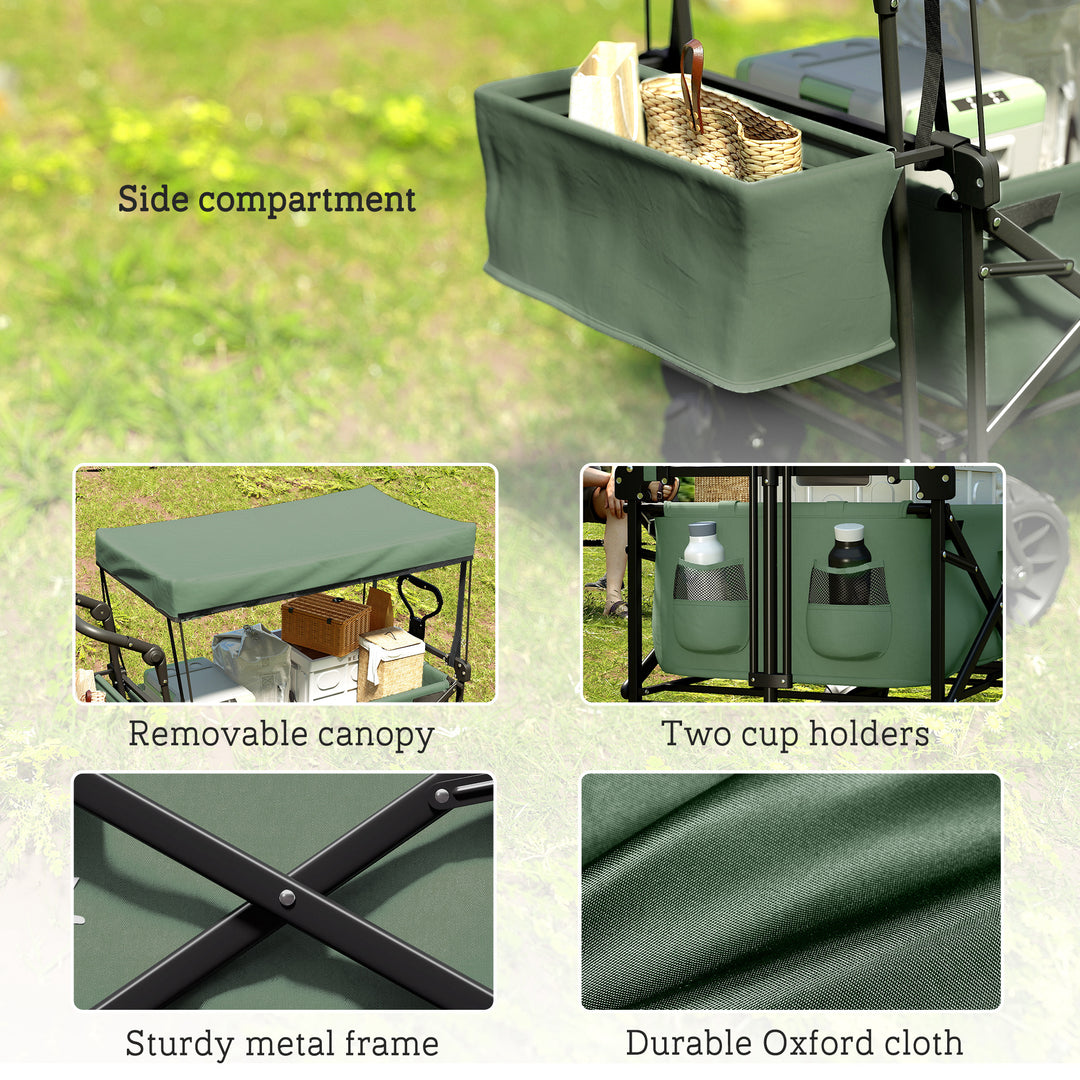 Folding Trolley Cart Storage Wagon Beach Trailer 4 Wheels with Handle Overhead Canopy Cart Push Pull for Camping, Green