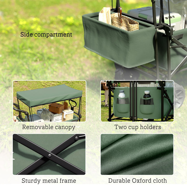 Folding Trolley Cart Storage Wagon Beach Trailer 4 Wheels with Handle Overhead Canopy Cart Push Pull for Camping, Green