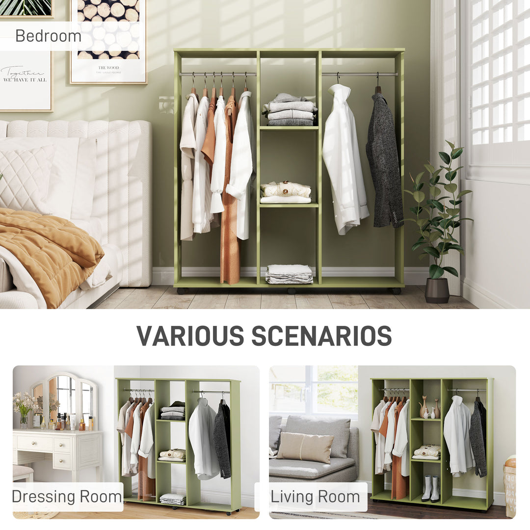 Open Wardrobe Double Mobile Storage Shelves Organizer W/6 Wheels-Green