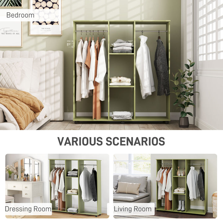 Open Wardrobe Double Mobile Storage Shelves Organizer W/6 Wheels-Green