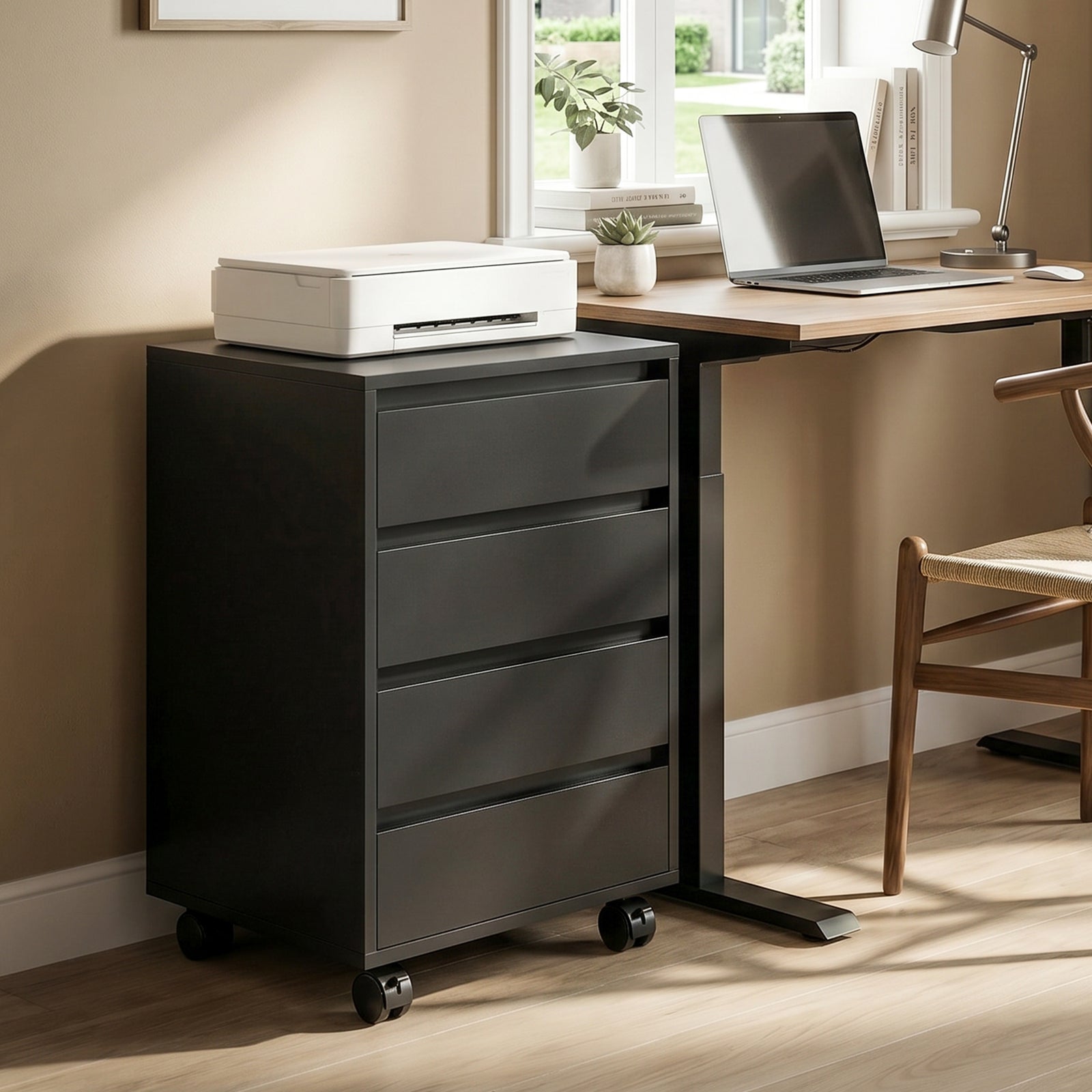 Four-Drawer Office Filing Cabinet, with Wheels - Black