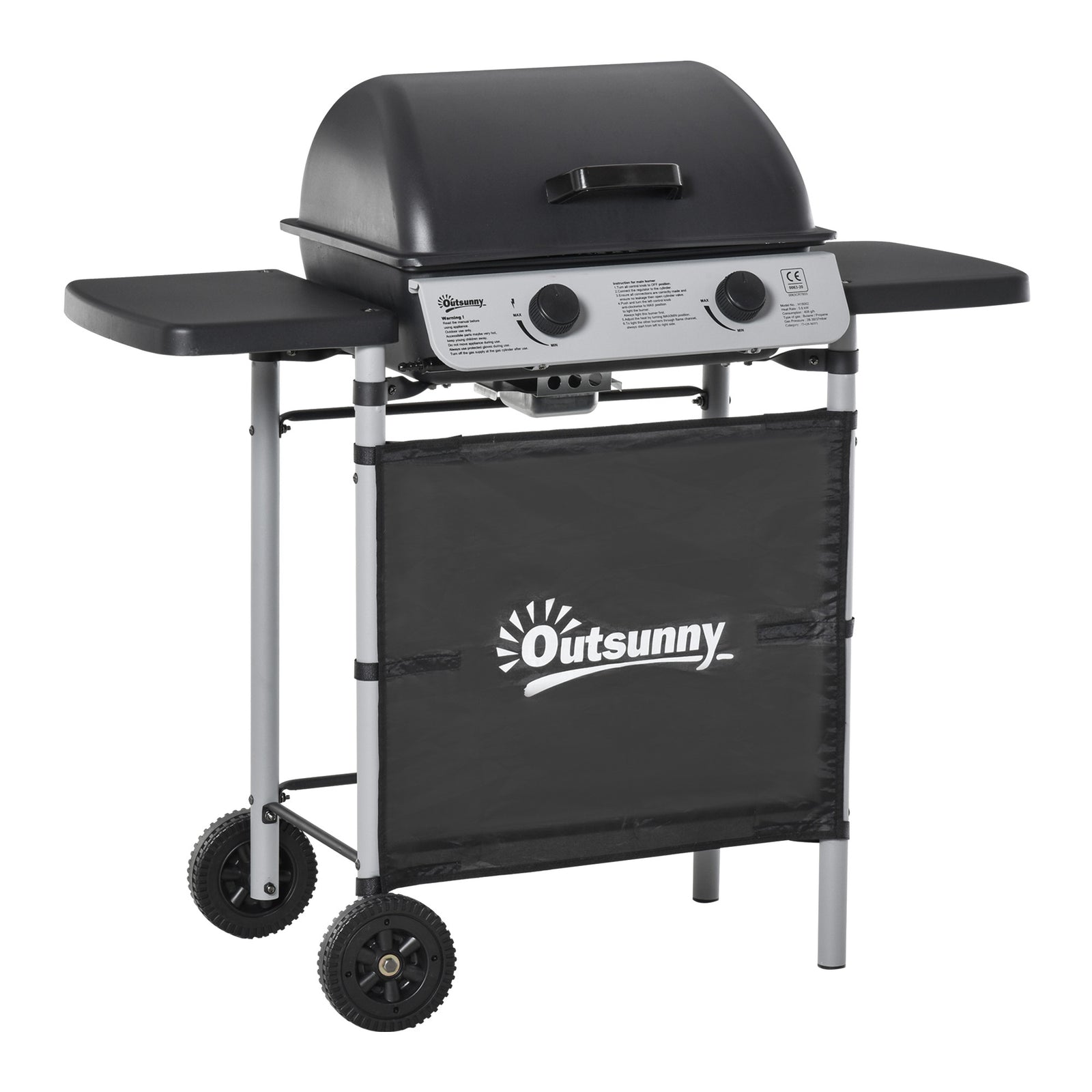 2 Burner Gas BBQ Trolley with Lid, 5.6 kW Gas Barbecue Grill with Wheels, Side Shelves, Grey
