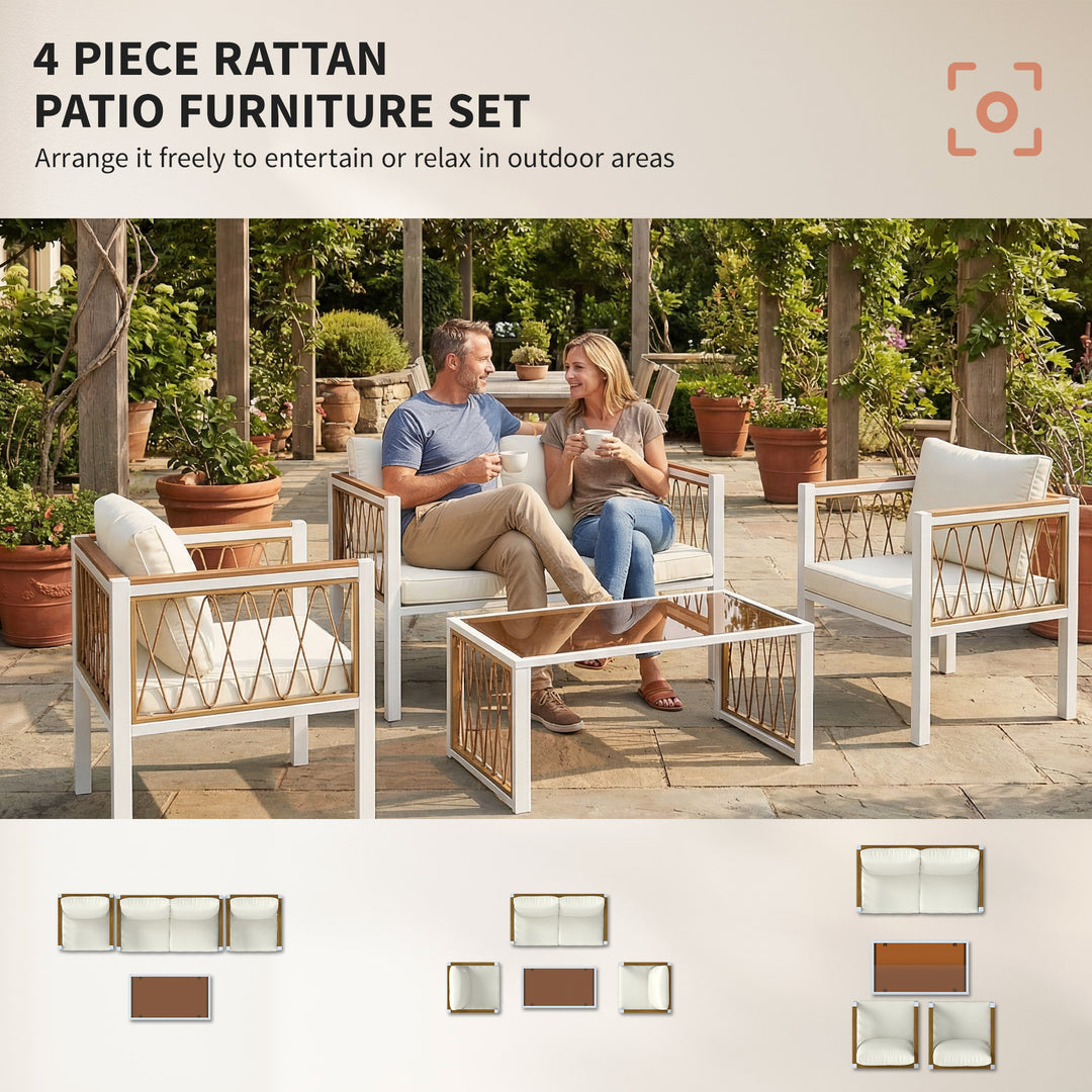4 Piece Rattan Garden Furniture Set with Loveseat, 2 Armchairs, Cream 