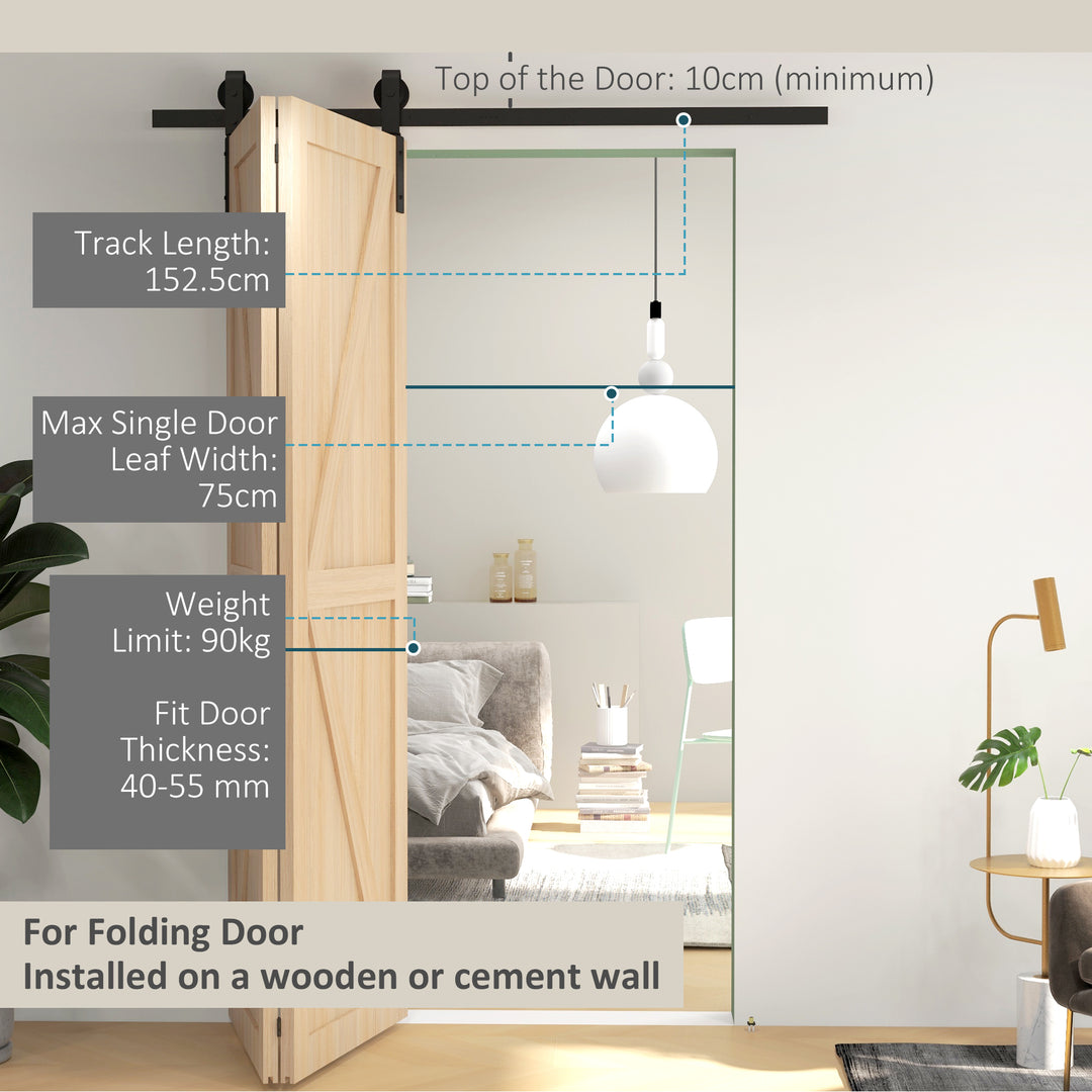 HOMCOM 5FT/152.5CM Bi-Folding Sliding Barn Door Hardware Track Kit, Heavy Duty Sliding Door Kit for 2 Doors with J Shape Hanger | Aosom UK