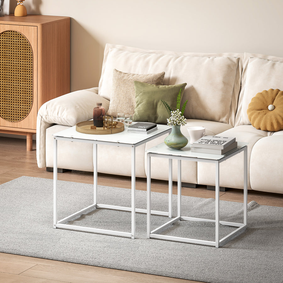 Nest of Tables, Set of 2 Coffee Table, Side Tables with Tempered Glass Desktop and Metal Frame for Living Room, Bedroom, Office, White
