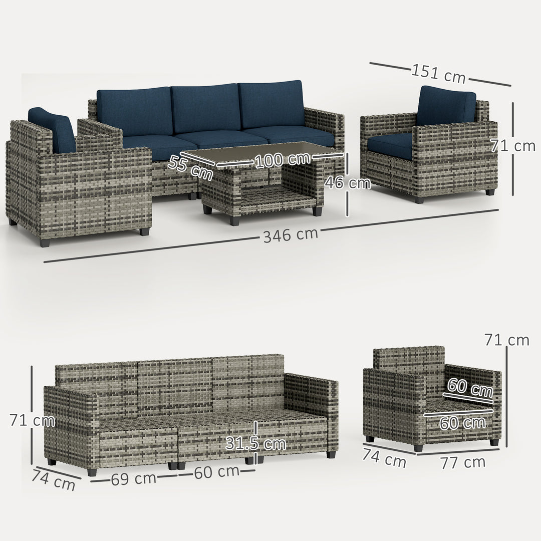 Six-Piece Modular Rattan Sofa Set - Navy Blue