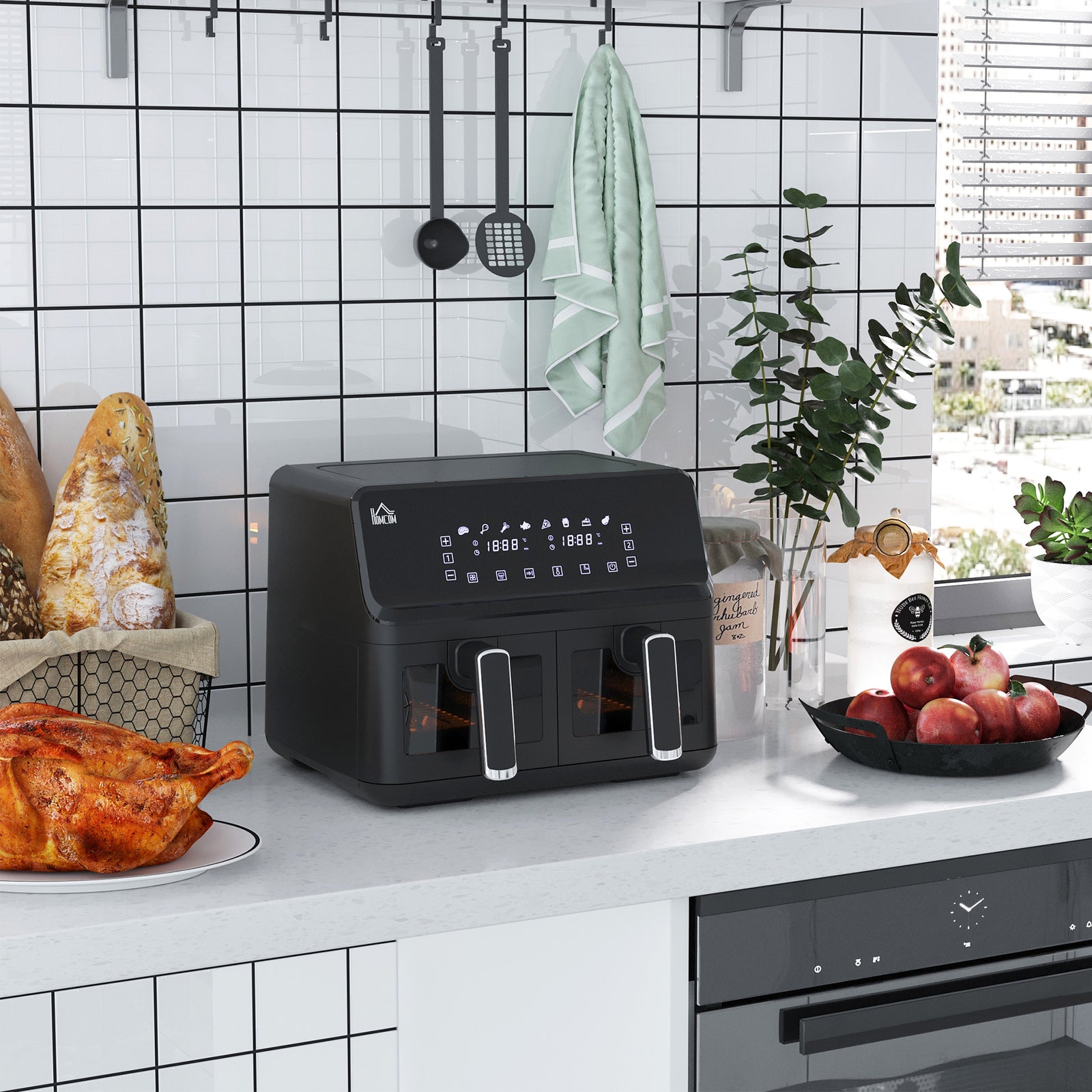 8L Dual Basket Air Fryer, 8-in-1 Air Fryer Oven with Digital Display, Visible, Timer, Preheat for Oil Free Low Fat Cooking, 2500W, Sync Finish, Sliver