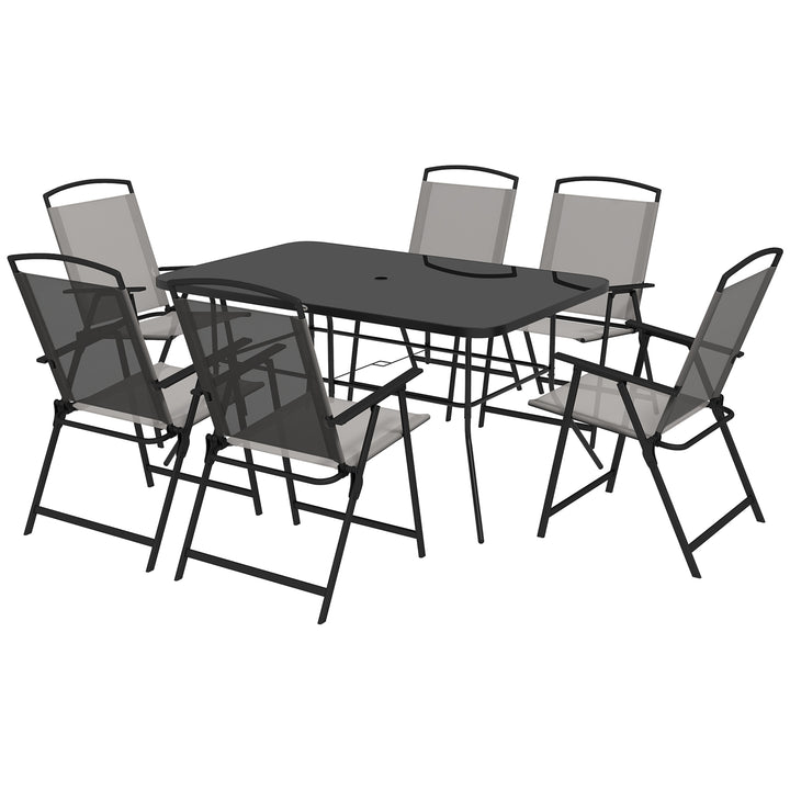 Outsunny 7 Pieces Metal Garden Furniture Set with Folding Chairs, Patio Dining Set, 6 Seater Outdoor Table and Chairs with Tempered Glass Top, Grey