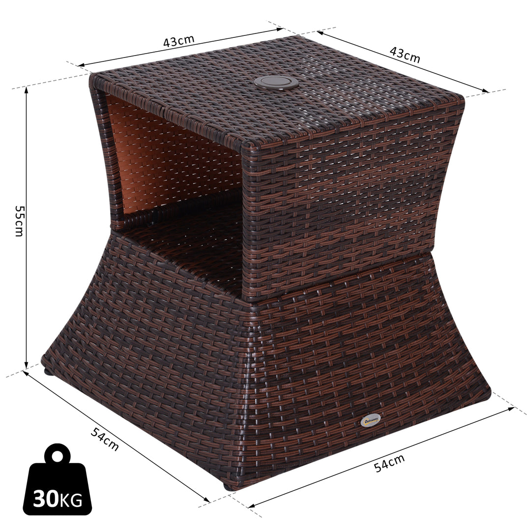Rattan Outdoor Coffee Table, Wicker Garden Patio Bistro Side Table with Umbrella Hole and Storage Space for Balcony, Porch, Brown