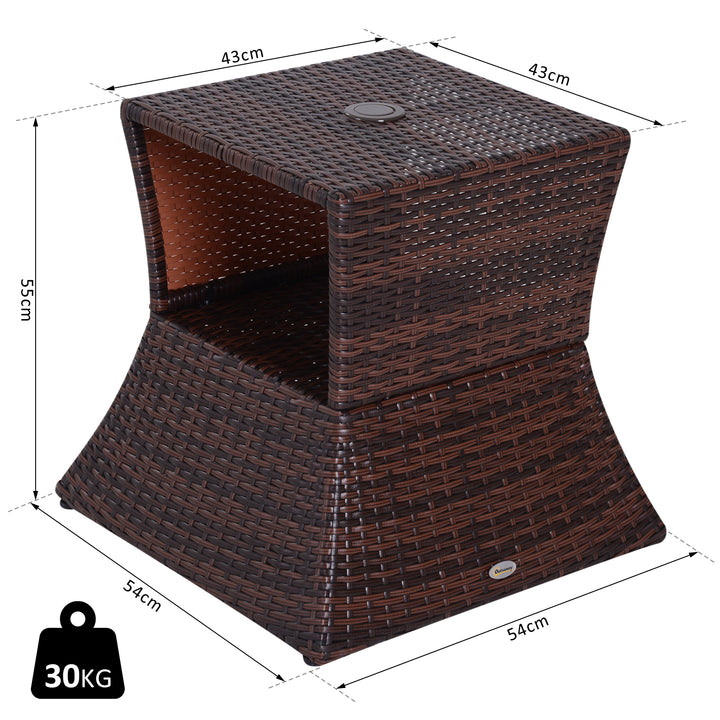 Rattan Outdoor Coffee Table, Wicker Garden Patio Bistro Side Table with Umbrella Hole and Storage Space for Balcony, Porch, Brown