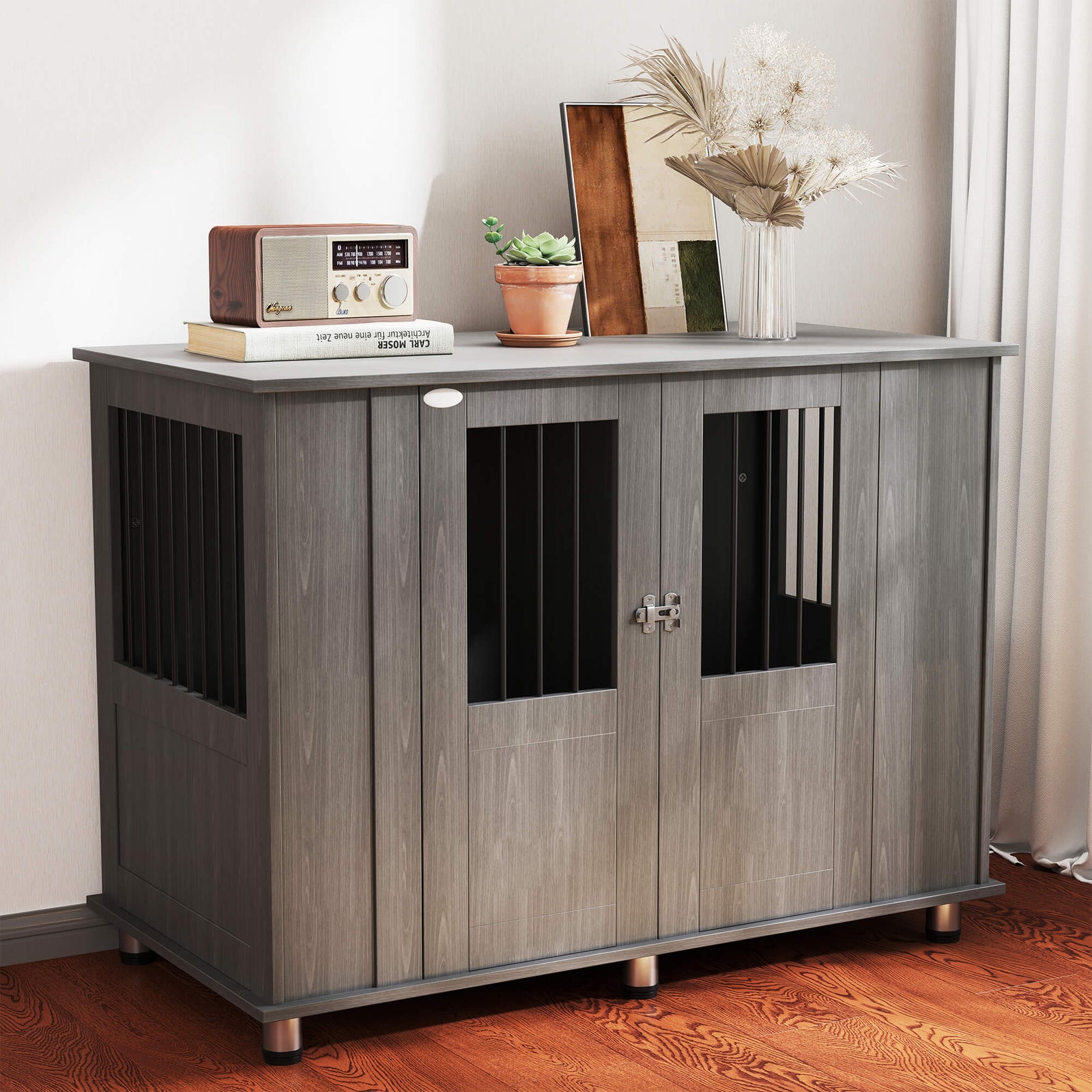 Dog Crate Table for Medium and Large Dogs with Magnetic Door for Indoor Use, 114 x 60 x 82 cm, Grey