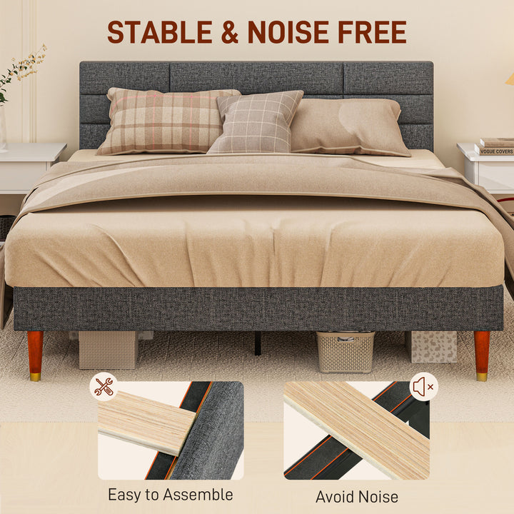 Upholstered King Bed Frame, with Slats - Grey