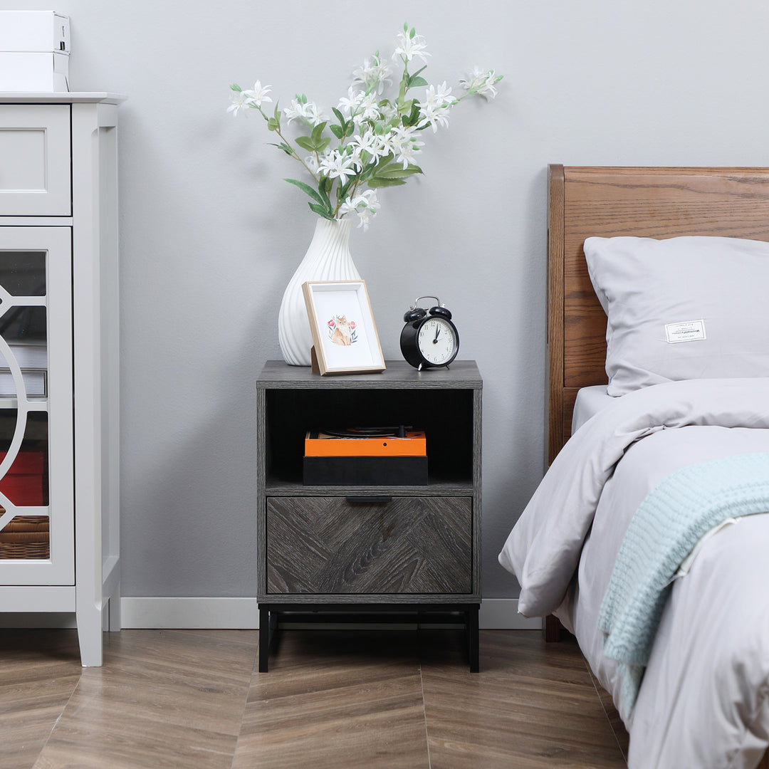 Bedside Table with Drawer and Shelf, Side End Table with Steel Legs for Living Room, Bedroom, Set of 2, Dark Grey