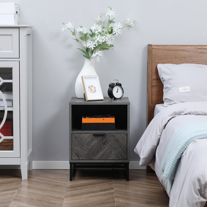 Bedside Table with Drawer and Shelf, Side End Table with Steel Legs for Living Room, Bedroom, Set of 2, Dark Grey