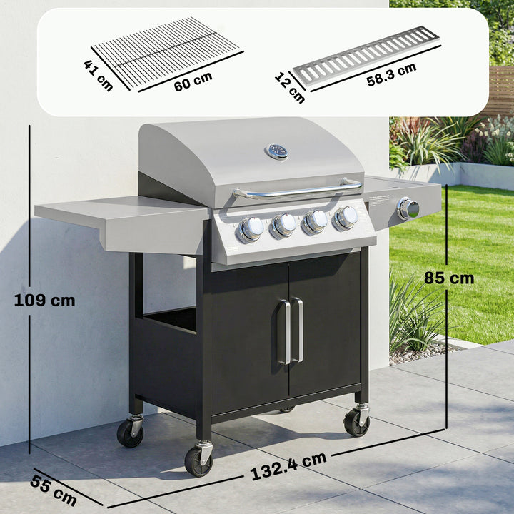 4+1 Burner Gas BBQ Grill with Side Burner, 14.5 kW Steel Portable Gas 