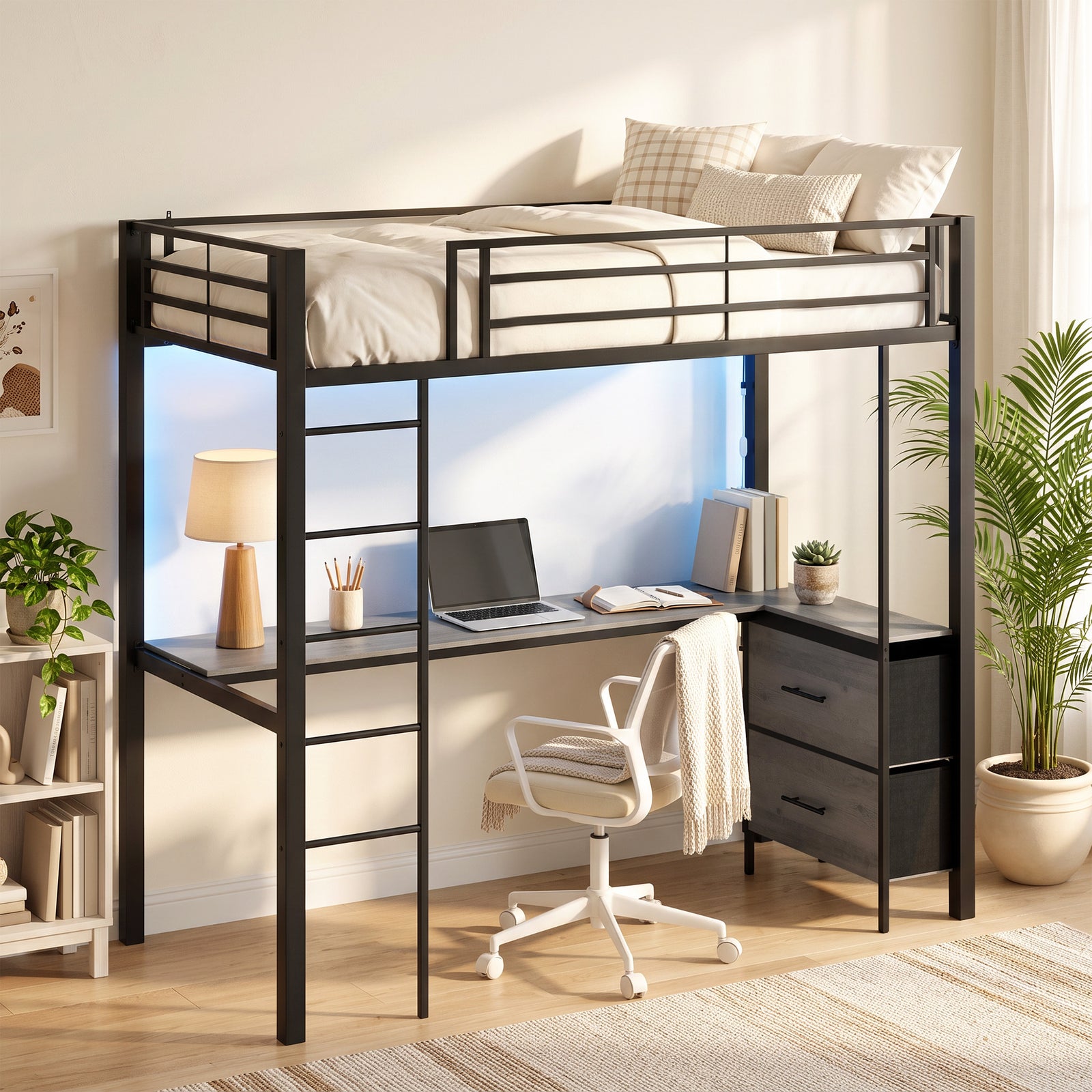 Metal Bunk Bed with Desk, High Sleeper Bed with LED Light and Safety G