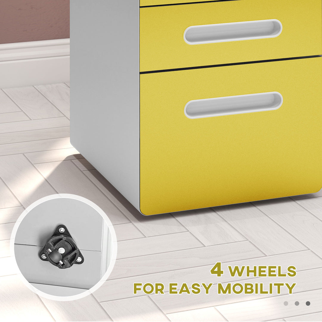 Vinsetto 3 Drawer Filing Cabinet, Steel Lockable File Cabinet with Lock and Wheels, for A4, Letter, Legal Sized Files, Yellow