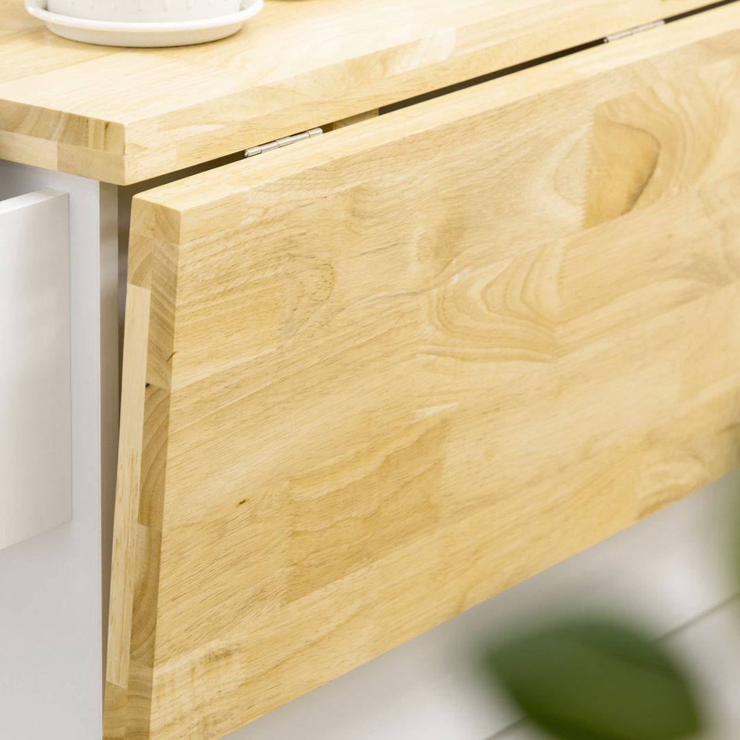 MCL Drop-Leaf Kitchen Island on Wheels with Extendable Rubber Wood Worktop, Rolling Kitchen Storage Trolley, Utility Storage Cart with Drawers & Cabinet for Kitchen, Dining & Living Room, White