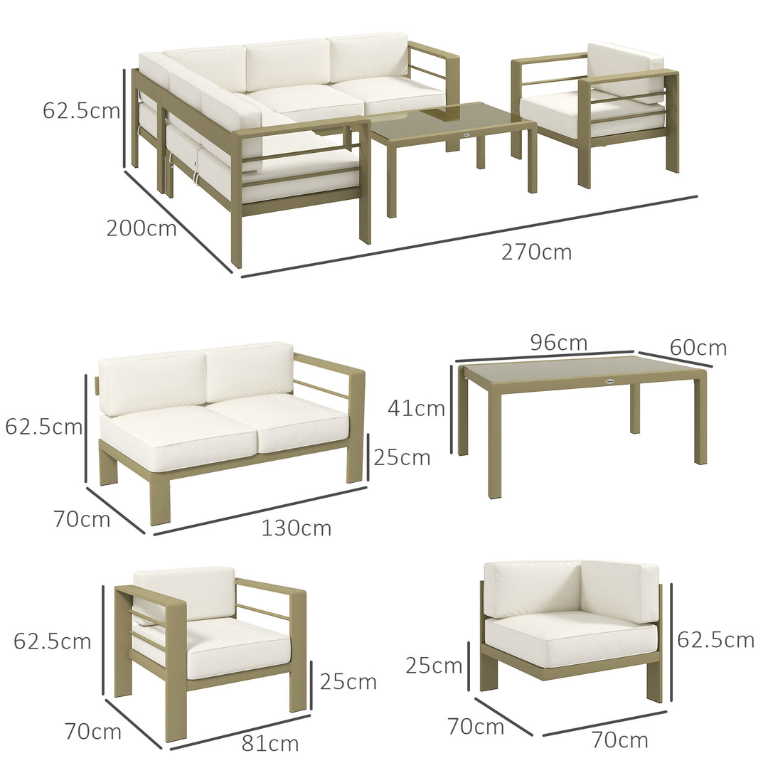 5-Piece Garden Corner Sofa Set with Cushions, 6 Seater Aluminium Garden Furniture Set with Glass Top Coffee Table, Patio Sectional Conservatory Furniture for Patio & Terrace, Gold Tone