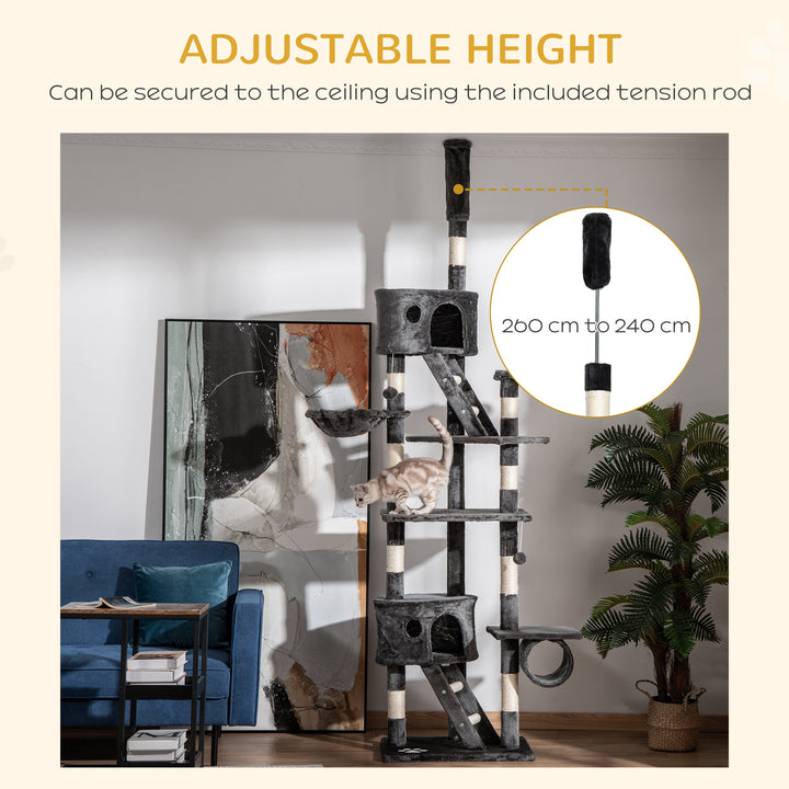 PawHut Cat Tower Floor-to-Ceiling 240-260cm Indoor Cat Tree, Adjustable Cat Post with Condos, Ramps, Hammocks, Toy Balls, Dark Grey | Aosom UK