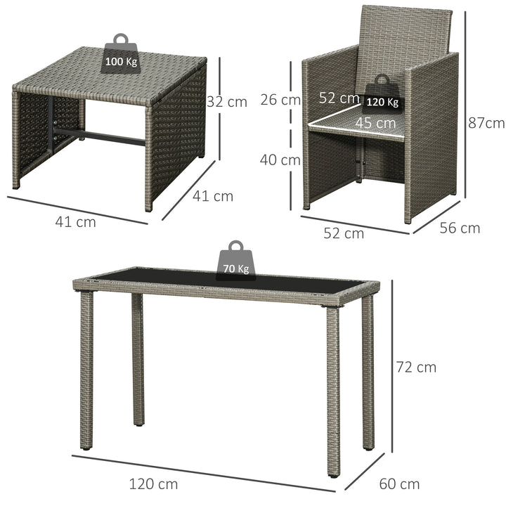 2 Seater Rattan Cube Garden Furniture Set, Rattan Dining Set with Cushions, Outdoor Dining Table and Chairs with 2 Armchairs, 2 Stools, Rectangular Glass Top Table for Patio, Balcony, Grey
