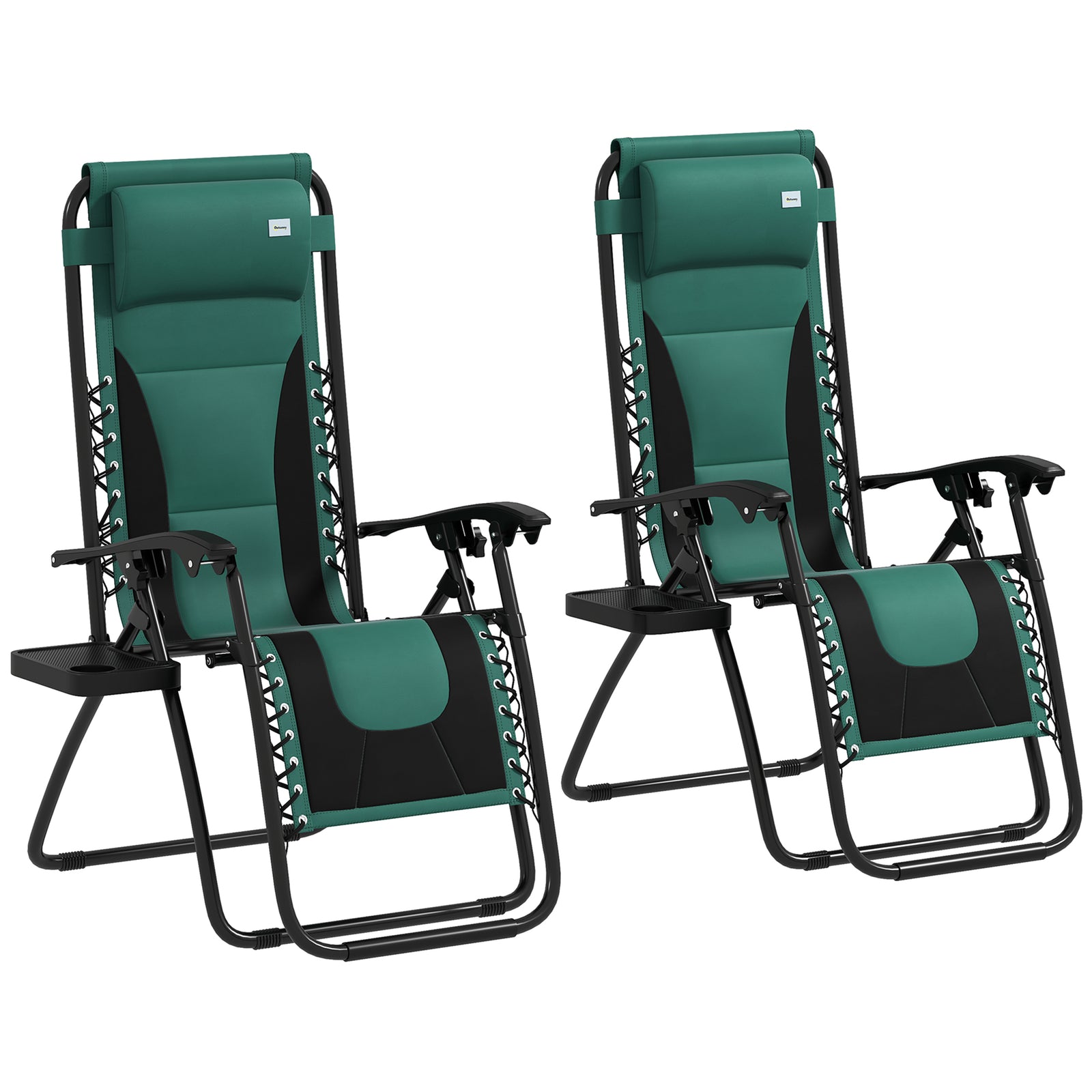 Zero Gravity Lounger Chair Set of 2, Folding Reclining Patio Chair with Padded Seat, Cup Holder, Soft Cushion and Headrest for Poolside, Camping, Green