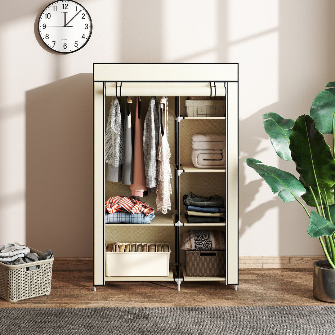 Fabric Wardrobe, Portable Wardrobe with 6 Shelves, 1 Hanging Rail, Foldable Closets, 103 x 43 x 162.5 cm, Cream White
