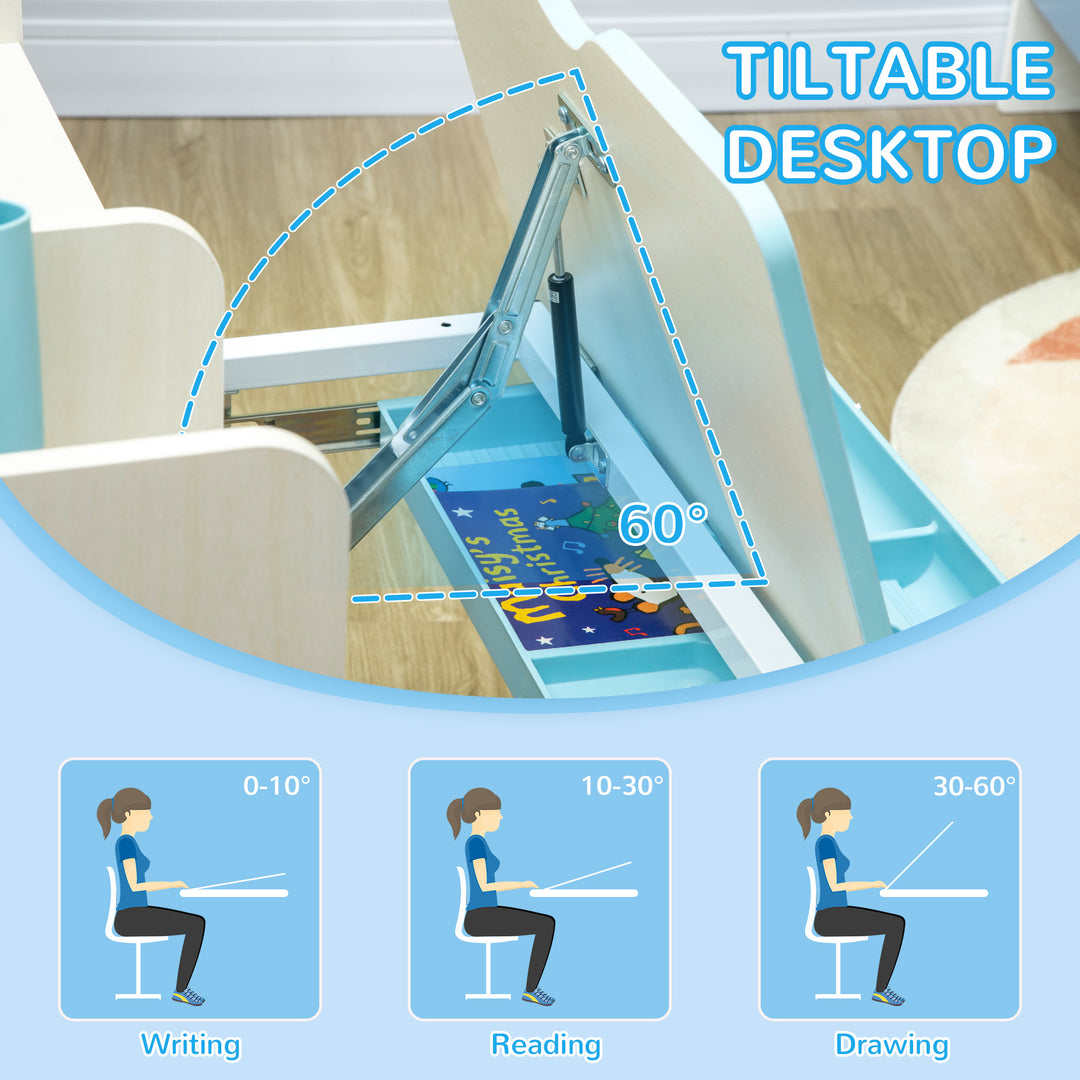 Kids Desk and Chair Set, with Storage Shelves, Washable Cover, for Ages 3-12 Years - Blue