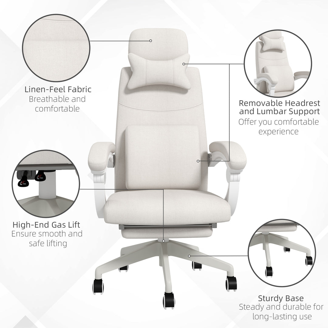Linen-Look Office Chair, with 160° Reclining Back and Footrest - White