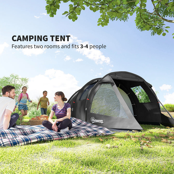 3-4 Man Tunnel Tent, Two Room Camping Tent with Windows, Portable Carry Bag, for Fishing, Hiking, Sports, Festival - Black