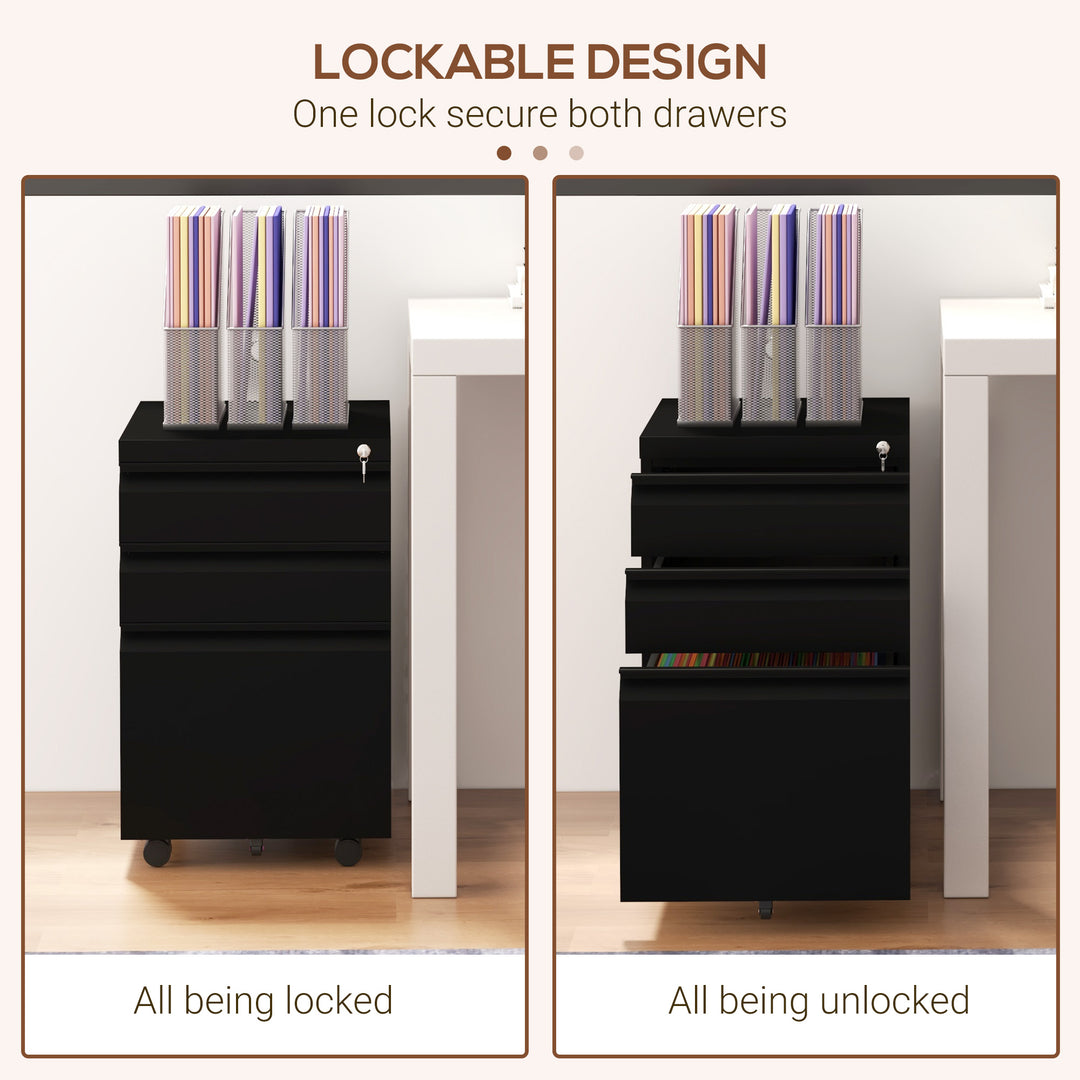 3-Drawer Filing Cabinet with Lock, Mobile Steel File Cabinet for A4, Legal and Letter Size, Under Desk Drawers with Pre-Assembled Body for Home Office, 37 x 43.5 x 60 cm, Black