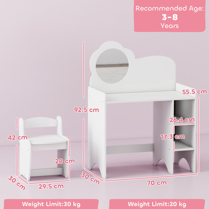 Kids Dressing Table with Mirror, Stool, Kids Vanity Table with Shelves, for Ages 3-8 Years