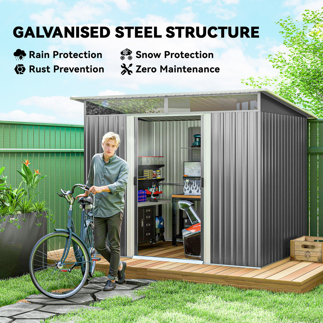 MCL Garden Metal Storage Shed House Hut Gardening Tool Storage w/ Tilted Roof and Ventilation 8.5 x 6ft, Grey