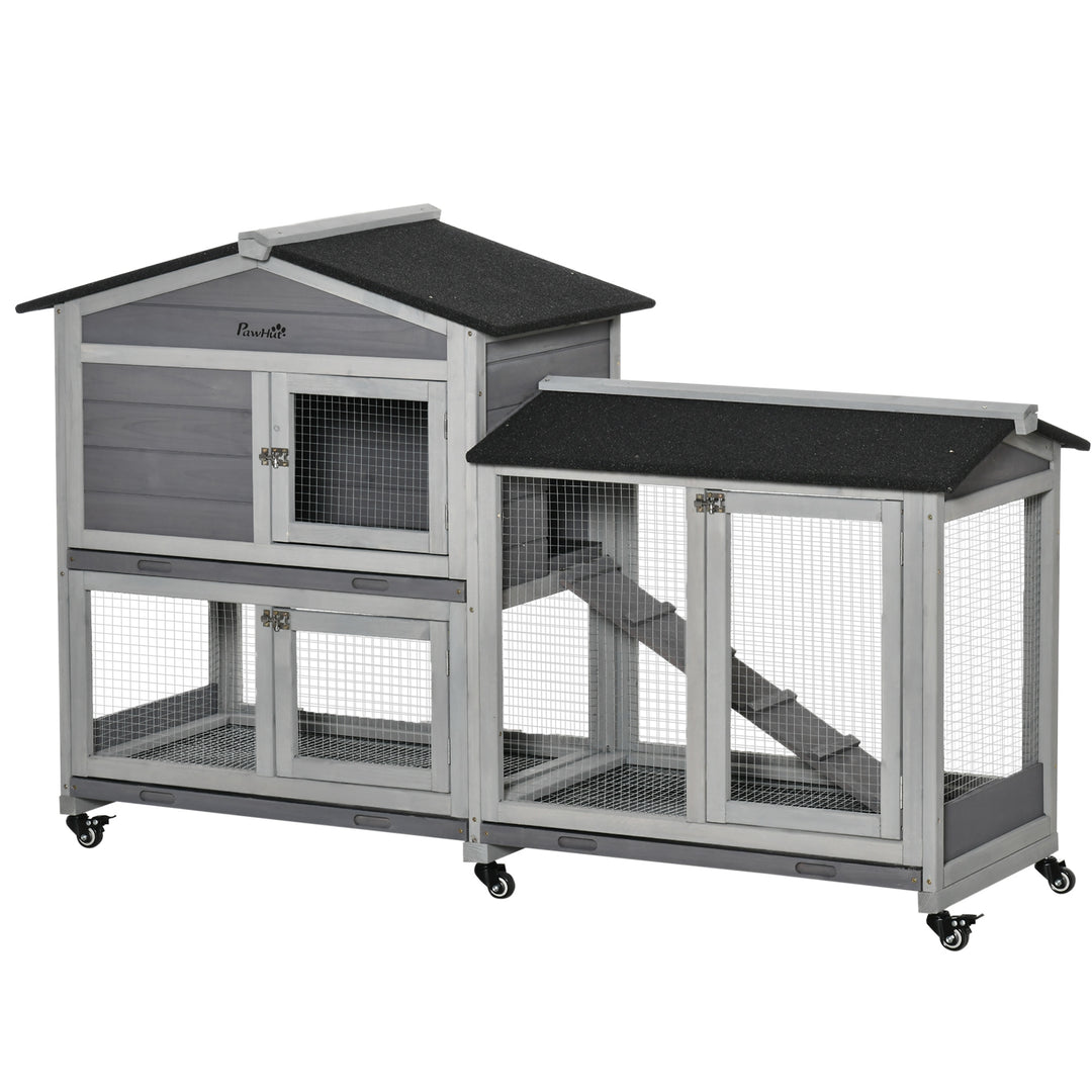 Wooden Rabbit Hutch, Guinea Pig Cage, with Wheels, Run, Slide-Out Tray, Ramp
