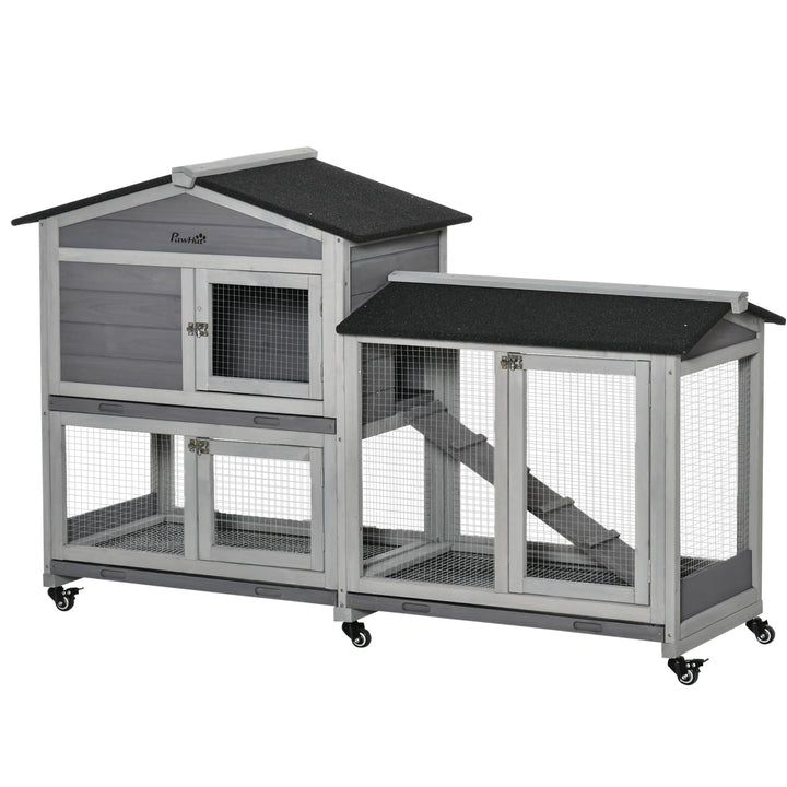 Wooden Rabbit Hutch, Guinea Pig Cage, with Wheels, Run, Slide-Out Tray, Ramp